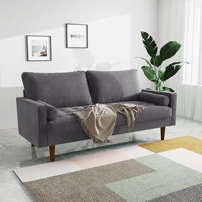 Velvet Furniture for Small Spaces, Mid-Century Modern Loveseats for Living Room, Love Seat Couch Sofas, 70 Inches, Grey - LeafyLoom