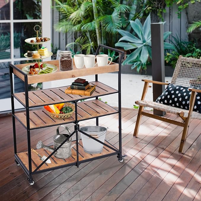 Vipush Kitchen Serving Cart, 4-Tier Kitchen Utility Cart on Wheels with Storage for Living Room, Wood Look Accent Furniture with Metal - LeafyLoom