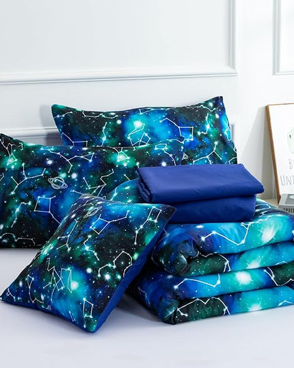 Btargot Lightweight Microfiber 6 Piece Comforter Set, Tie Dye Galaxy Constellation Pattern Bedding Set for Boys Girls Teen, Queen Black Green - LeafyLoom