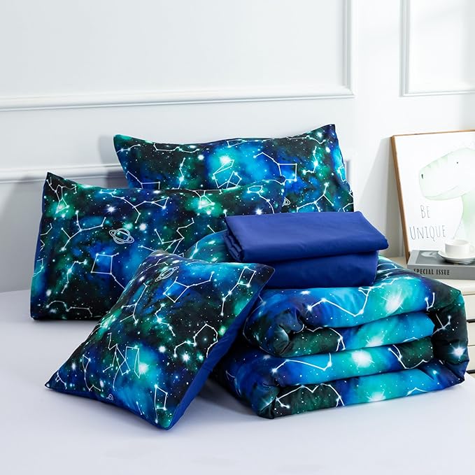 Btargot Lightweight Microfiber 6 Piece Comforter Set, Tie Dye Galaxy Constellation Pattern Bedding Set for Boys Girls Teen, Queen Black Green - LeafyLoom