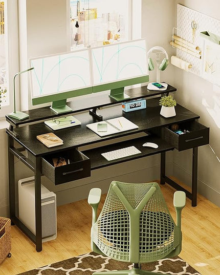 ODK Computer Desk Study Table, 55 Inch Office Desk with Drawers and Keyboard Tray, Study Desk Work Desk with Monitor Shelf, Writing Desk with Storage for Home Office, Black - LeafyLoom