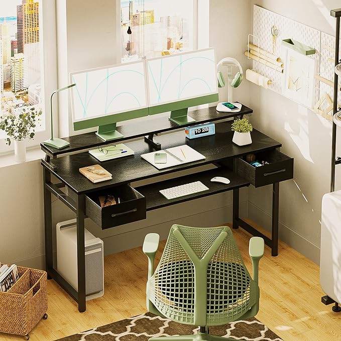 ODK Computer Desk Study Table, 55 Inch Office Desk with Drawers and Keyboard Tray, Study Desk Work Desk with Monitor Shelf, Writing Desk with Storage for Home Office, Black - LeafyLoom