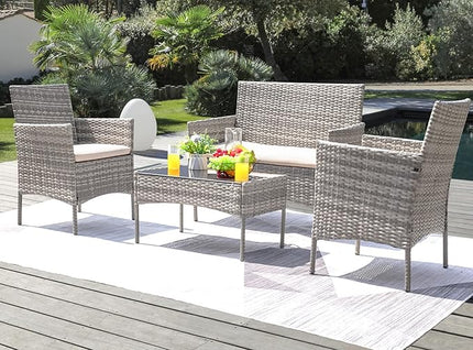 Greesum Patio Furniture 4 Pieces Conversation Sets Outdoor Wickerr Rattan Chairs Garden Backyard Balcony Porch Poolside loveseat with Soft Cushion and Glass Table, Gray and Beige - LeafyLoom