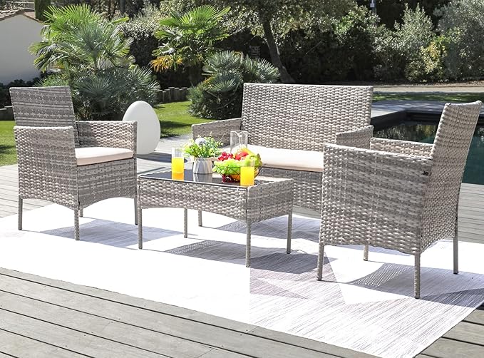 Greesum Patio Furniture 4 Pieces Conversation Sets Outdoor Wickerr Rattan Chairs Garden Backyard Balcony Porch Poolside loveseat with Soft Cushion and Glass Table, Gray and Beige - LeafyLoom