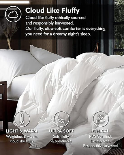 Luxurious Oversized King 108" x 98" Size Goose Down Fiber Waterfowl Feather Fiber Comforter Duvet, 100% Egyptian Cotton Cover, 65 oz. Fill Weight, Baffle Box Design, White Solid - LeafyLoom