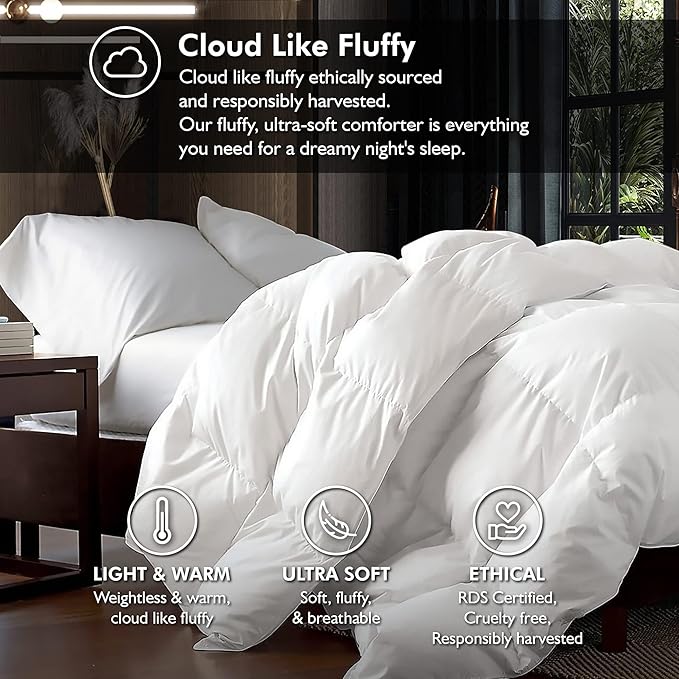 Luxurious Oversized King 108" x 98" Size Goose Down Fiber Waterfowl Feather Fiber Comforter Duvet, 100% Egyptian Cotton Cover, 65 oz. Fill Weight, Baffle Box Design, White Solid - LeafyLoom
