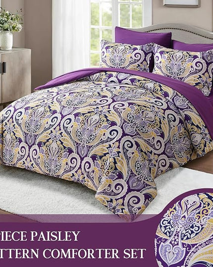 Yiran Purple Paisley Comforter Set Queen 7 Pieces Bed in a Bag Boho Comforter Lightweight Microfiber Reversible Bedding Set (1 Comforter, 1 Flat Sheet, 1 Fitted Sheet, 2 Pillowcases, 2 Pillow Shams) - LeafyLoom