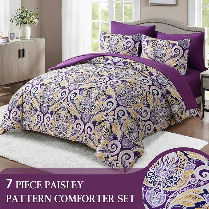 Yiran Purple Paisley Comforter Set Queen 7 Pieces Bed in a Bag Boho Comforter Lightweight Microfiber Reversible Bedding Set (1 Comforter, 1 Flat Sheet, 1 Fitted Sheet, 2 Pillowcases, 2 Pillow Shams) - LeafyLoom