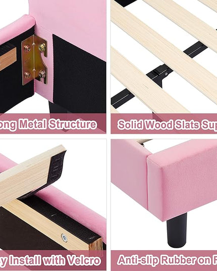 VECELO Kids Twin bed Frame with Upholstered Headboard, Princess Beds for Girls, 12 Wooden Slats Support, No Boxing Spring Needed - LeafyLoom