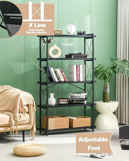 HCHQHS Bookshelf, 5-Tier Industrial Bookcase, Black Open Book Shelf, Freestanding Tall Bookshelves with Metal Frame - LeafyLoom