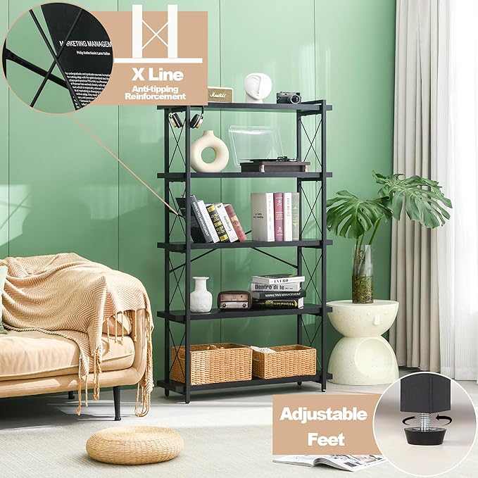 HCHQHS Bookshelf, 5-Tier Industrial Bookcase, Black Open Book Shelf, Freestanding Tall Bookshelves with Metal Frame - LeafyLoom