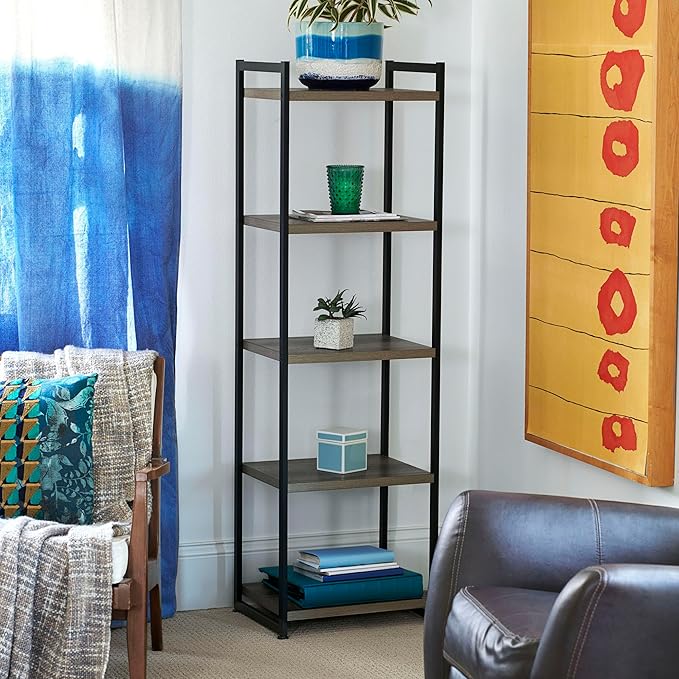 Household Essentials 5 Tier Storage Tower Metal, Grey Shelf – Black Frame, Ashwood - LeafyLoom