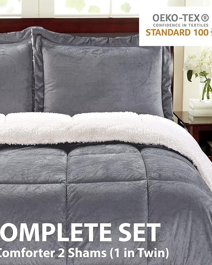 Cathay Home Queen Comforter Set: Ultra Soft and Plush Reversible Micromink and Sherpa 3-Piece Bedding Set, Pewter, Queen (90" x 90") - LeafyLoom