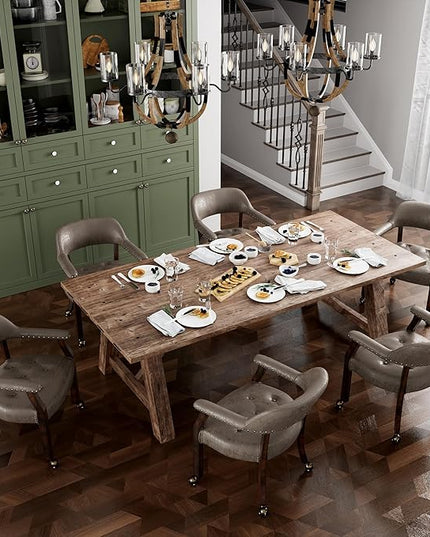 Dining Chairs with Casters and Arms, Accent Kitchen Table Chairs with Wheels, Roller Poker Table Chairs, Wooden Captains Chair, Espresso Legs & Dark Brown SY-318-DK - LeafyLoom
