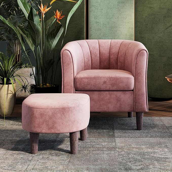Velvet Accent Chair, Barrel Chair with Ottoman, Modern Comfy Reading Chair Armchair for Living Room Study Room Office, Pink - LeafyLoom