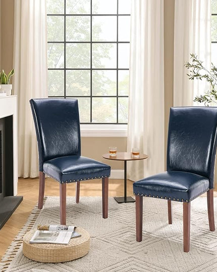 Parsons Dining Chairs Set of 6, Upholstered Nailhead PU Leather Dining Room Kitchen Side Chair with Thick Cushions and Wood Legs, Blue - LeafyLoom