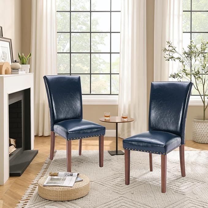 Parsons Dining Chairs Set of 6, Upholstered Nailhead PU Leather Dining Room Kitchen Side Chair with Thick Cushions and Wood Legs, Blue - LeafyLoom