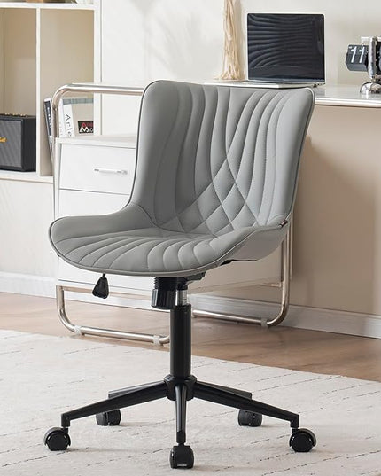 YOUNIKE Office Chair, Armless Desk Chair with Wheels, Home Office Computer Task Chairs, Modern Faux Leather Upholstered Vanity Chair, Adjustable Swivel Rolling Office Chair, Grey - LeafyLoom
