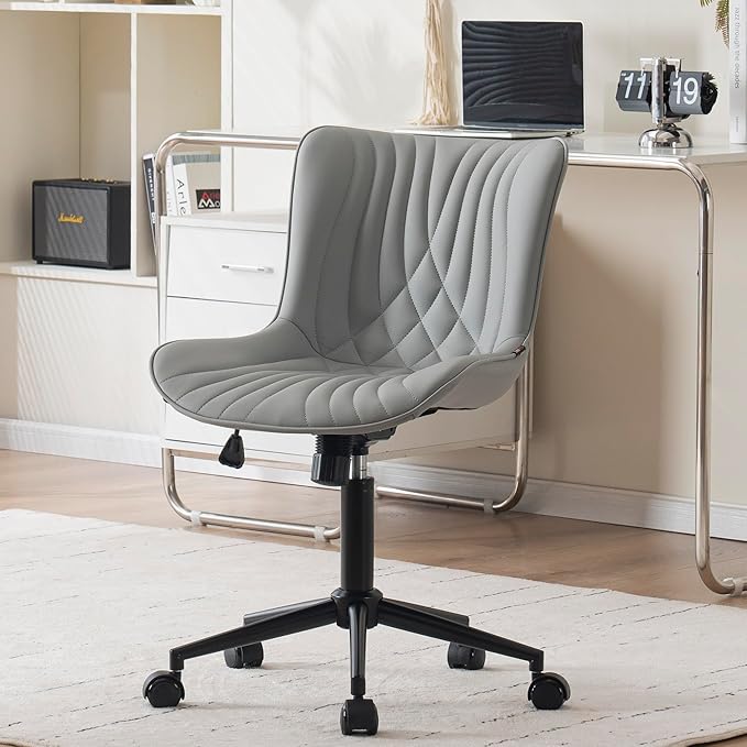 YOUNIKE Office Chair, Armless Desk Chair with Wheels, Home Office Computer Task Chairs, Modern Faux Leather Upholstered Vanity Chair, Adjustable Swivel Rolling Office Chair, Grey - LeafyLoom