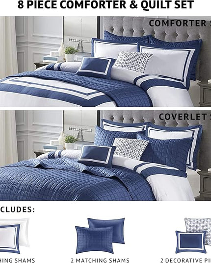 Madison Park Heritage Comforter Quilt Combo Set - Modern Luxury Design, All Season Down Alternative Bedding, Matching Shams, Decorative Pillows, King/Cal King(104"x92"), Color Block Navy 8 Piece - LeafyLoom