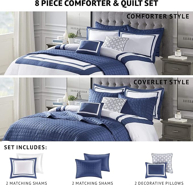 Madison Park Heritage Comforter Quilt Combo Set - Modern Luxury Design, All Season Down Alternative Bedding, Matching Shams, Decorative Pillows, King/Cal King(104"x92"), Color Block Navy 8 Piece - LeafyLoom