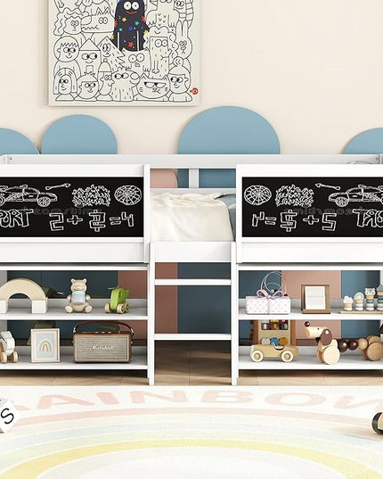 Twin Size Low loft Bed with Movable Shelves for Kids,Kids Low Loft Bed Frame with Guardrail Chalkboard and Storage,Solid Wood Loft Bed Twin for Boys,Girls (White) - LeafyLoom