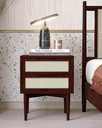 Bme Nightstand Oliver Solid Wood Rattan Side End Table, Fully Assembled, for Bohemian & Mid Century Style Bedroom and Living Room, Walnut - LeafyLoom