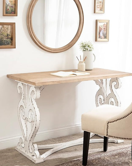 Kate and Laurel Wyldwood Farmhouse Wooden Desk, 46 x 24 x 30, Brown and White, Rustic Carved Wood Computer Desk for Functional and Stylish Home Office Decor - LeafyLoom