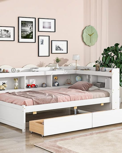 Twin Size Platform 2 Storage Drawers and L-Shaped Bookcases, Wooden Captain Bed Daybed Frame with Headboard for Bedroom, Living Room, White - LeafyLoom