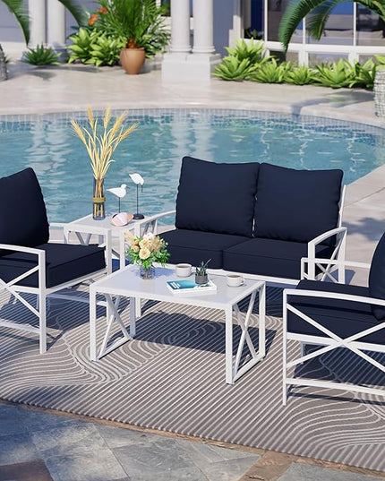 Shintenchi 5 Piece Outdoor Furniture Sets, White Metal Sofa Conversation Sets with Loveseat, Two Single Chairs and Two Coffee Tables for Backyard, Patio, Balcony, Poolside (Dark Blue) - LeafyLoom