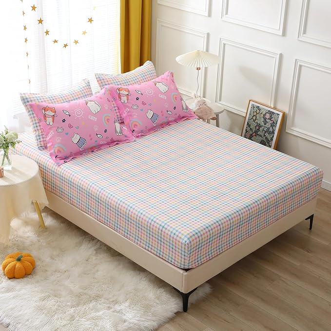 Pink Cats Comforter Set Twin Size for Girls Kids Teens 7 Piece Cute Animal Fish Butterfly Bed in A Bag Cartoon Rainbow Star Sun Heart Bedding Set All Season Lightweight - LeafyLoom