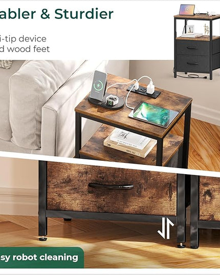 Nightstands Set of 2, End Tables with Charging Station, Side Tables with Fabric Drawers, Bedside Tables with USB Ports and Outlets, Night Stands for Bedroom, Rustic Brown - LeafyLoom