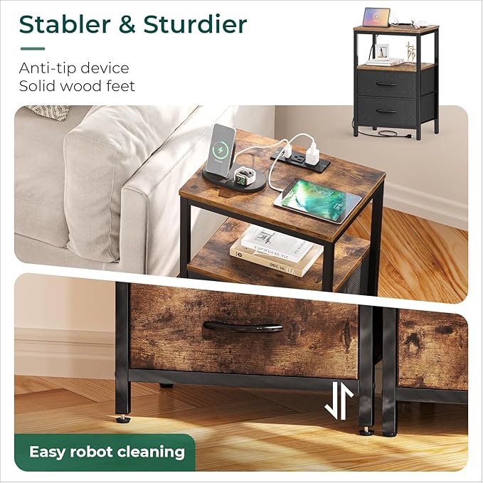 Nightstands Set of 2, End Tables with Charging Station, Side Tables with Fabric Drawers, Bedside Tables with USB Ports and Outlets, Night Stands for Bedroom, Rustic Brown - LeafyLoom