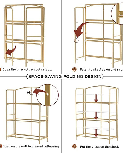 No Assembly Folding Bookshelf for Living Room, 3 Tier Gold Collapsible Book Shelf for Home Office, Portable Bookcase Storage Organizer - LeafyLoom