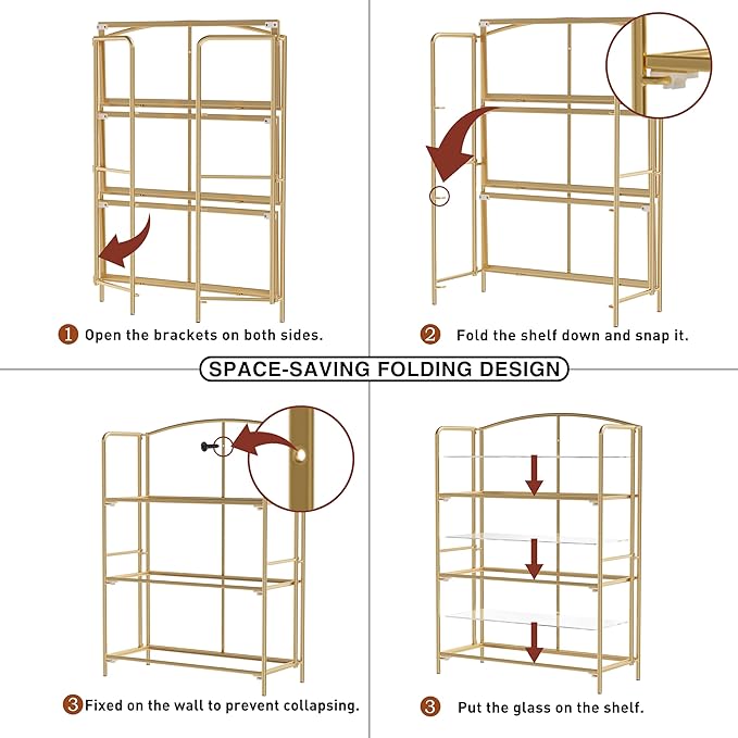 No Assembly Folding Bookshelf for Living Room, 3 Tier Gold Collapsible Book Shelf for Home Office, Portable Bookcase Storage Organizer - LeafyLoom