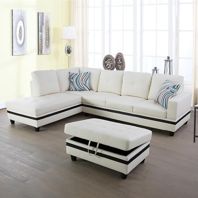 L Shaped Sofa with Ottoman Modern Sectional Living Room, Bedroom, Office, L Couch Black Stripe - LeafyLoom