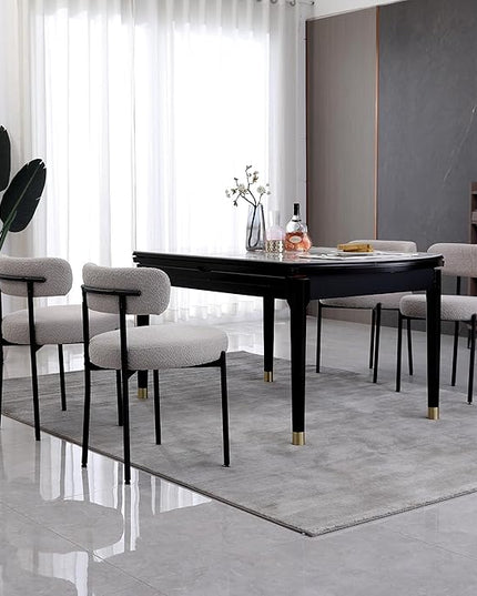 Light Grey Dining Chairs Set of 2 Round Upholstered Boucle Dining Room Chairs Mid-Century Modern Kitchen Chairs Curved Backrest Chairs for Dining Room Black Metal Legs - LeafyLoom