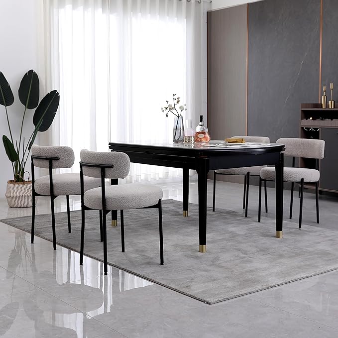 Light Grey Dining Chairs Set of 2 Round Upholstered Boucle Dining Room Chairs Mid-Century Modern Kitchen Chairs Curved Backrest Chairs for Dining Room Black Metal Legs - LeafyLoom