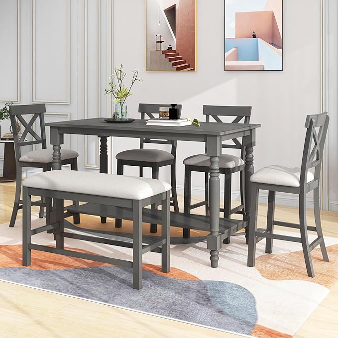 RITSU 6-Piece Counter Height Dinette Sets Kitchen Dining Table with Shelf, 4 Chairs & Bench w/Soft Cushion, for Diningroom Living Room, Easy to Assemble, Gray 5 - LeafyLoom