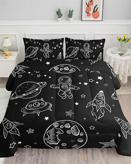Datura home Kids Space Astronaut Comforter Set for Boys Kids Children,Galaxy Space Ship Astronaut Rocket Printed Bedding Set with 1 Comforter and 2 Pillowcases(Space Galaxy Twin), Twin 68x86inches - LeafyLoom