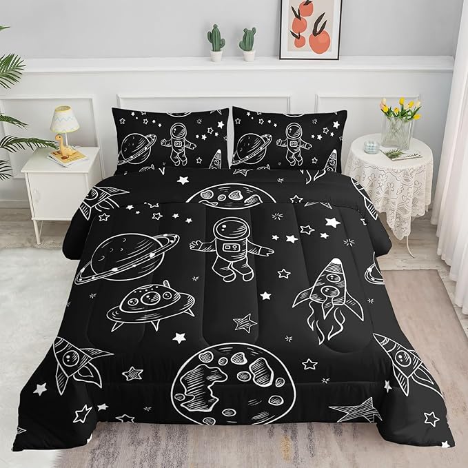 Datura home Kids Space Astronaut Comforter Set for Boys Kids Children,Galaxy Space Ship Astronaut Rocket Printed Bedding Set with 1 Comforter & 2 Pillowcases(Space Galaxy Queen), Queen 90x90inches - LeafyLoom