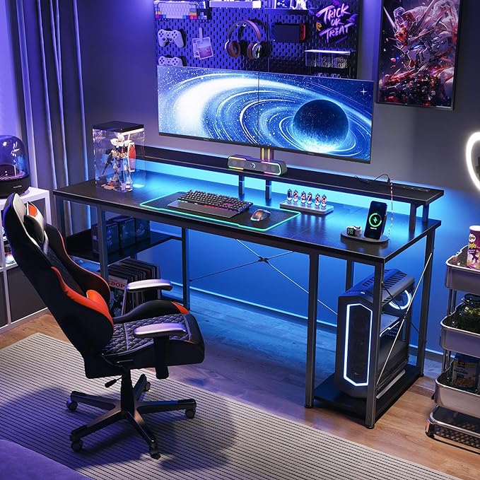 ODK 63 inch Computer Desk with Power Outlets & LED Lights, Gaming Desk with Monitor Stand & Storage Sheves, Home Office Desk, Black - LeafyLoom