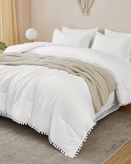 Litanika California King Comforter Set White,3 Pieces White Boho Pom Pom Lightweight Bed Comforter, All Season Soft Solid Color Bedding Comforter Sets (1 Comforter 104x96 Inch, 2 Pillowcases) - LeafyLoom