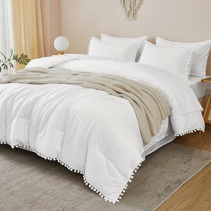 Litanika California King Comforter Set White,3 Pieces White Boho Pom Pom Lightweight Bed Comforter, All Season Soft Solid Color Bedding Comforter Sets (1 Comforter 104x96 Inch, 2 Pillowcases) - LeafyLoom