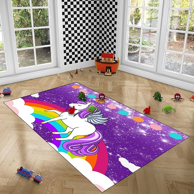 Unicorn Rugs for Girls Bedroom Unicorn Area Rugs for Girls Bedroom Rainbow Carpet Kids Unicorn Rugs for Bedroom Girls Living Room Floor Mat, Purple, 3'×4' - LeafyLoom