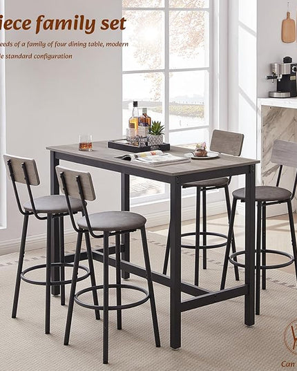 Dining Table Set for 4 Bar Table and Chairs Set, Industrial Counter Height Bar Table Set with 4 PU Upholstered Seat Stools with Backrest & Footrest, for Home & Kitchen Breakfast, Grey - LeafyLoom