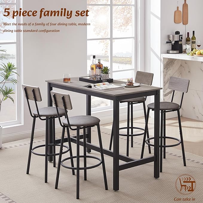 Dining Table Set for 4 Bar Table and Chairs Set, Industrial Counter Height Bar Table Set with 4 PU Upholstered Seat Stools with Backrest & Footrest, for Home & Kitchen Breakfast, Grey - LeafyLoom