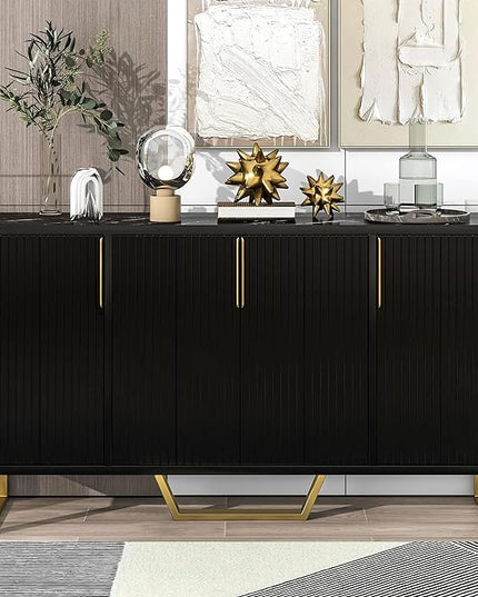 60" Modern Sideboard Buffet Cabinet with Four Doors,Metal Handles & Legs,Multifunctional MDF Storage Cupboard,W/Adjustable Shelves,for Hallway,Entryway Passage,Bedroom,Black - LeafyLoom