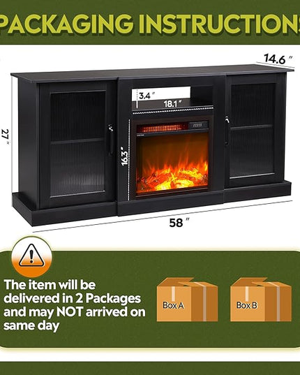 WLIVE Fireplace TV Stand for 60 65 inch TV, Modern Entertainment Center with Electric Fireplace Heater for Living Room, Tall TV Console Table with Storage, Black - LeafyLoom