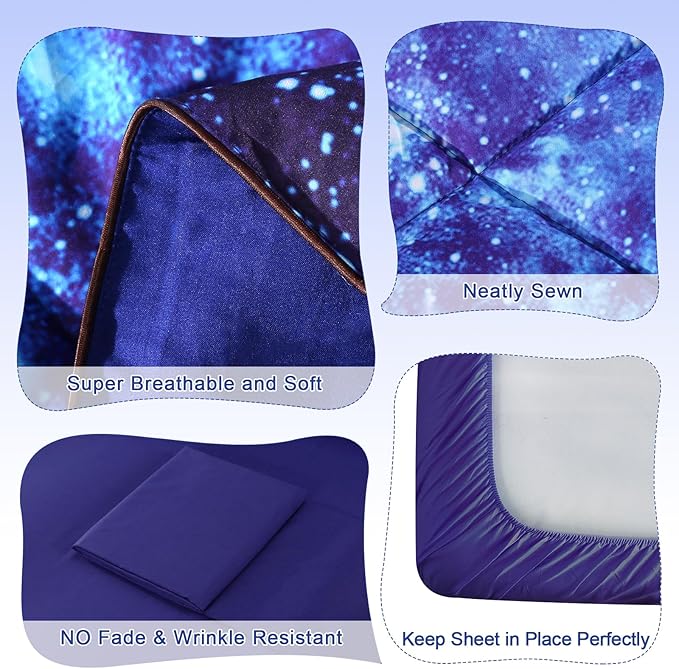 Wowelife Galaxy Bedding Twin Outer Space Comforter Set 5 Pieces Blue Cosmic Galaxy Bed Set Kids Bed in A Bag Twin for Teen Boys and Girls with Comforter, Flat Sheet, Fitted Sheet and 2 Pillowcases - LeafyLoom